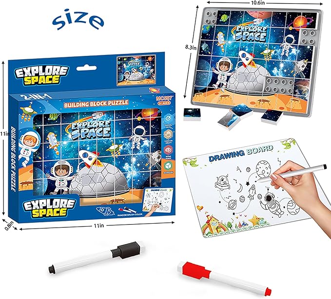 Anzikfoy 48 Piece Toy Building Jigsaw Puzzle Sets, 2 in 1 Space Theme Boys Girls Puzzles Building Block with Reusable Drawing Board Set for Toddlers Ages 1-3 and Kids 3+ Year Old