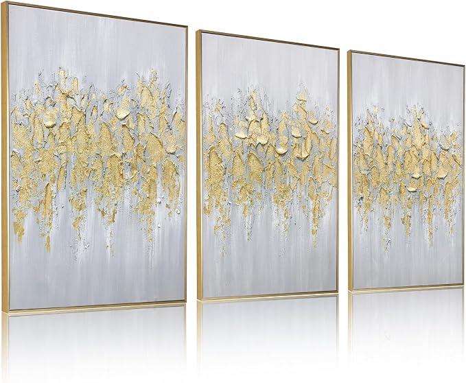 Zessonic Abstract Glam Gold Textured Hand-Painted Thick Wall Art,24"x36"x3 | Framed Modern Glam Gold Hand-Painting Canvas Art for Bedroom Decor Glitter Abstract Artwork for Living Room Bedroom Office