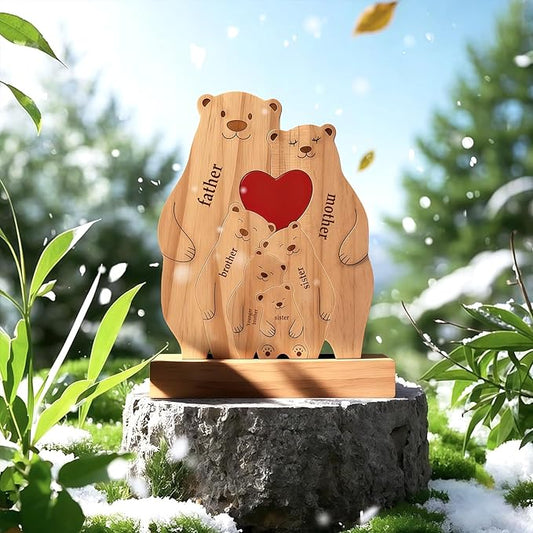 Personalized Wooden Bear Family Puzzle with 2-6 Names - Custom Heart Art Figurine for Mom Grandma Dad - Rustic Home Decor Statue Gift for Birthday Christmas Housewarming Anniversary