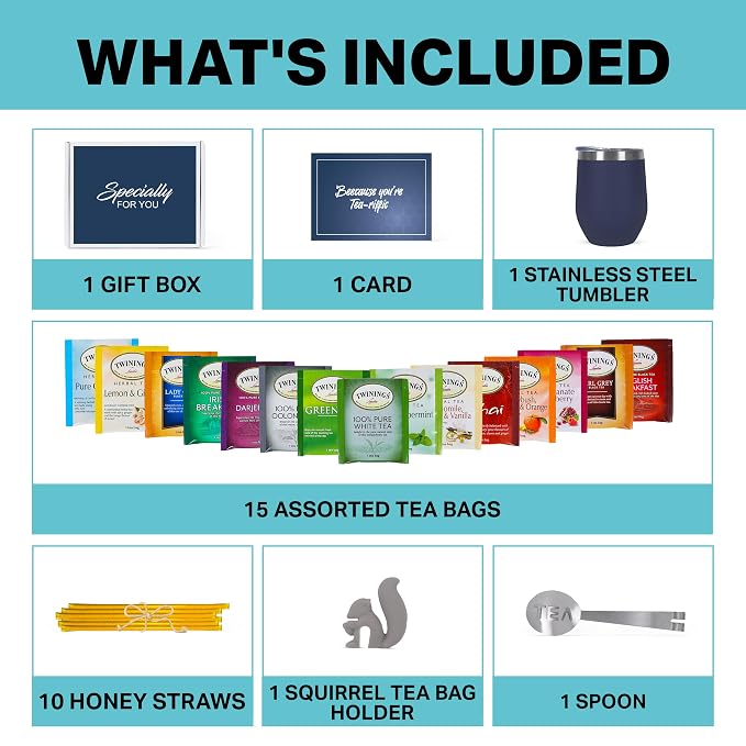 Tea Gifts for Men – Sampler Set with 15 Unique Blends, Honey Sticks, Insulated Stainless Tumbler & Gift-Ready Box – Birthday & Father's Day for Him, Tea Lovers (Blue/Blue box)