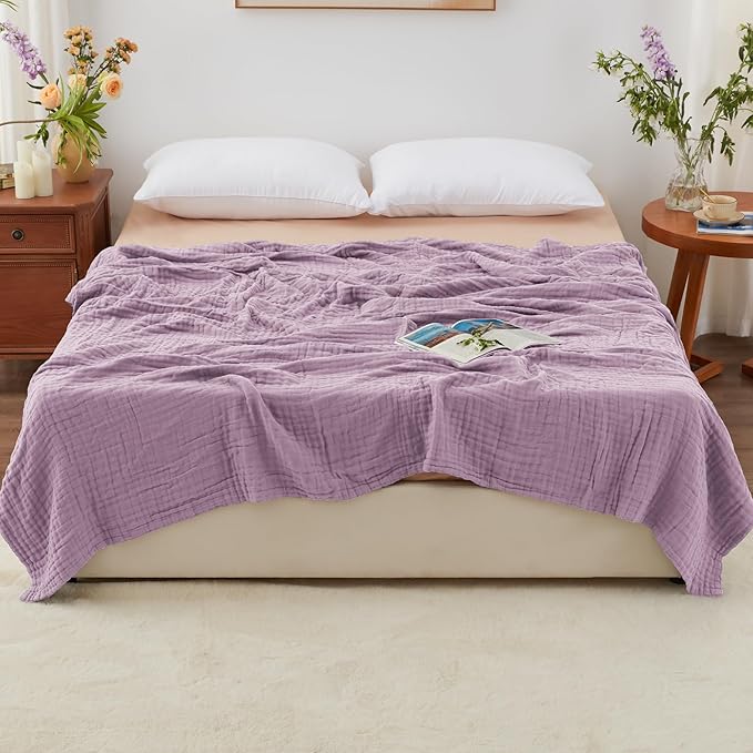 Love's cabin 100% Cotton Muslin Blanket, 6 Layer Lightweight Breathable Gauze Queen Size Blanket 90 x 90 Inches, Soft All Season Blanket for Bed, Lavender