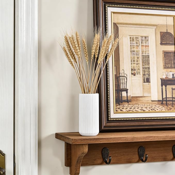 White Ceramic Flower Vase for Pampas Grass, 6 inch Small Decorative Centerpiece Ribbed Vase for Dining Table, Office Desktop, Shelf Bookshelf, Mantel, Bathroom, Countertop, Farmhouse, Gift