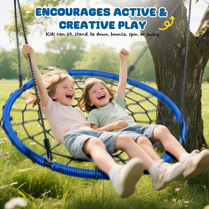Trekassy 750lbs 40" Spider Web Saucer Tree Swing for Kids Adults, Outdoor Net Swing with Steel Frame and 2 Hanging Straps-Blue (Patented)