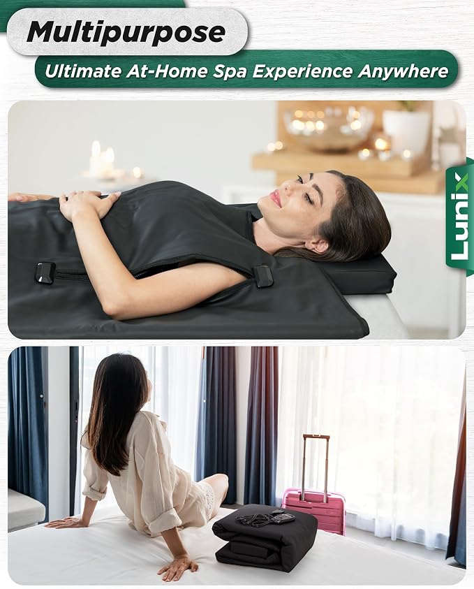 Lunix LX17 Infrared Sauna Blanket, Portable Sauna Bag for Relaxation, Detox & Stress Relief, Adjustable Heat 77–176°F, Far Infrared Blanket with Pillow, Wrap & Hot Cold Gel Pack – Jet Black