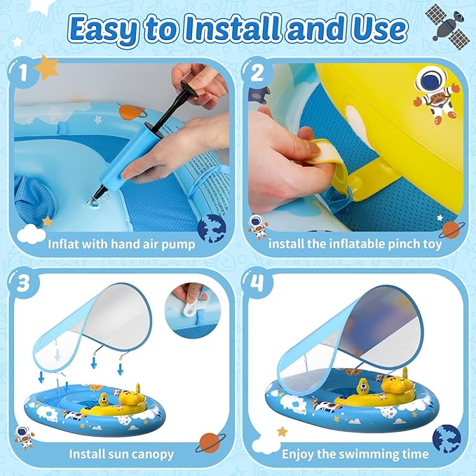 Baby Pool Float with Canopy UPF50+ Sun Protection, Inflatable Kids Pool Floats Infant Swimming Float with Toy Play Console Adjustable Safety Seat for Kids Girls Boys Aged 6-36 Months