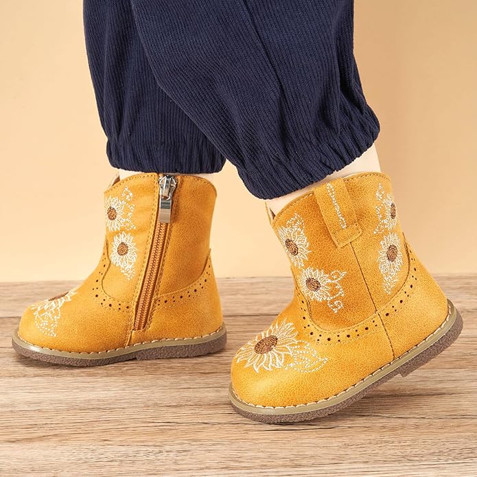 Newsonet Baby Cowboy Cowgirl Boots Infant Western Boots Toddler Boys Girls Round Toe Riding Mid Calf Boots All Seasons for 6 9 12 18 24 Months