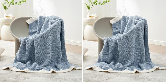 Snuggle Sac Blue Throw Blankets for Couch, Reversible Super Soft Warm Blankets Cozy Knit Blanket Fuzzy Plush Throws for Sofa, Bed, Gift, Heather Blue, 50 x 60 inches (Pack of 2)