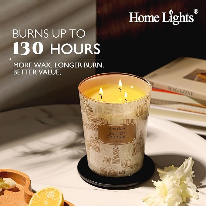 HomeLights Large jar Candle | 3-Wick Long-Lasting Scented Candles, 34oz Natural Soy Wax Candle for Home Scented, Rustic Modern Gifts for Women & Men, Salted Caramel