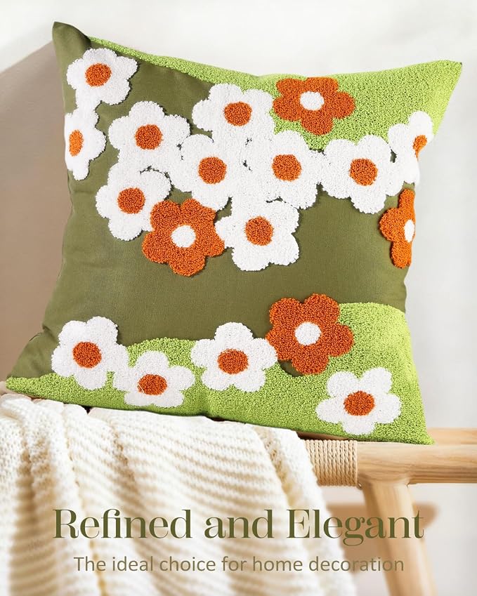 Embroidered Throw Pillow Cover - 18x18 Decorative Pillow Cover with Zipper Aesthetic Cute Design Boho Spring Summer Cozy Throw Pillowcase for Living Room Couch Sofa Bed, Green Flowers