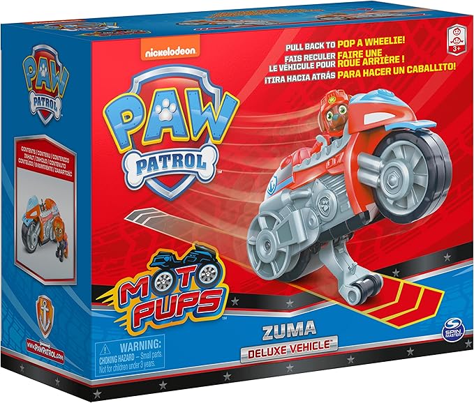 Paw Patrol, Moto Pups Zuma’s Deluxe Pull Back Motorcycle Vehicle with Wheelie Feature and Toy Figure