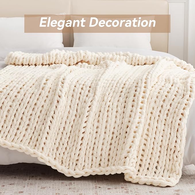 Negwoo Chunky Knit Throw Blanket, Knitted Throw Chenille Yarn, 30"*40" | Soft Thick Cable Knitted Blankets, Handmade Big Thick Blanket, Machine Washable Cute Comfy Blanket for Home Decor,Cream White