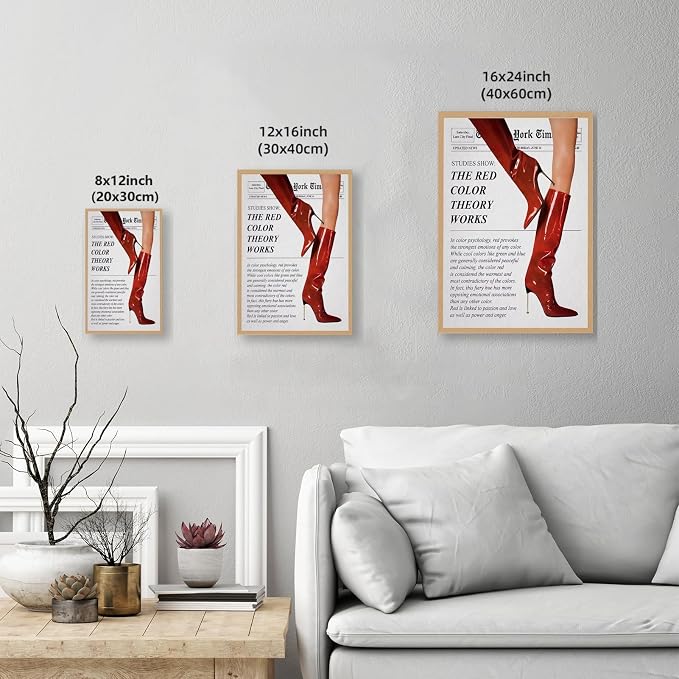 Vintage Color Theory Newspaper Poster Retro Fashion Red Boots Canvas Wall Art Funky Girl Room Decor Feminist Quote Print Wall Decor Aesthetic for Girly Bedroom Home Dorm 16x24inch Wooden Framed