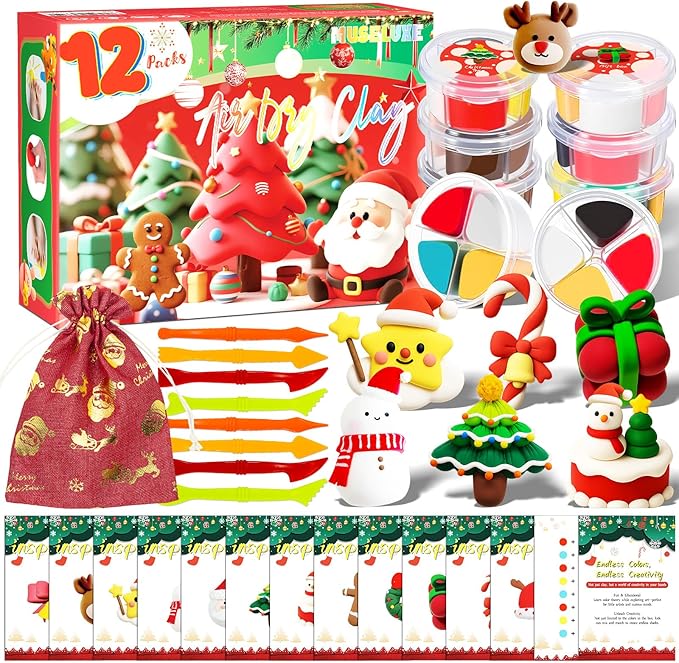 MuseLuxe Air Dry Clay - 12 Boxes Christmas Modeling Clay Kit with 8 Sculpting Tools,Safe & Non-Toxic,DIY Magic Gifts Toys for Boys,Girls,Kids