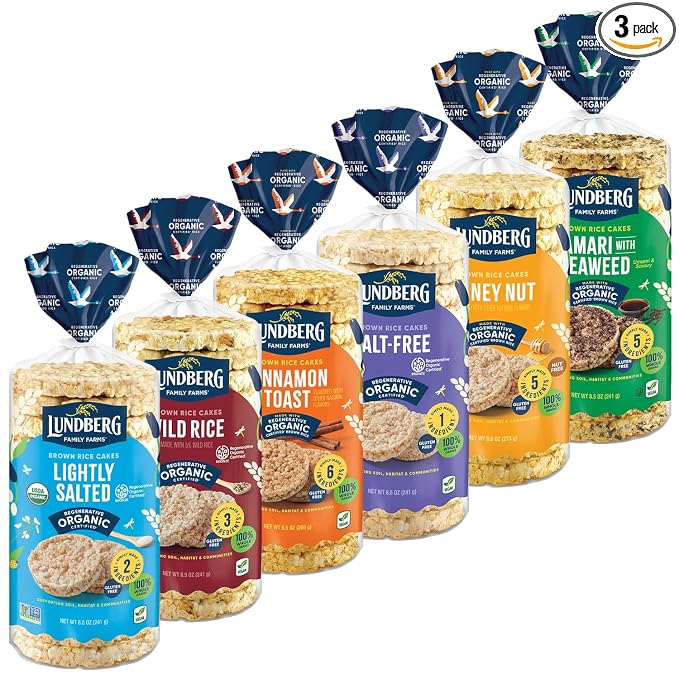 Lundberg Organic Brown Rice Cakes Variety 6-Pack – Regenerative Organic Certified Salt-Free, Lightly Salted, Wild Rice, Tamari with Seaweed, Cinnamon Toast, Honey Nut, Healthy Snacks, 8.5 Oz Ea