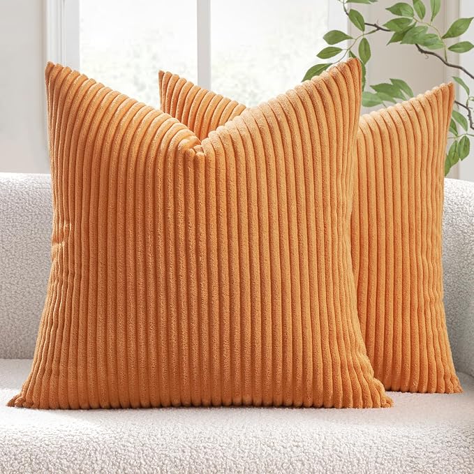 MIULEE Fall Soft Corduroy Throw Pillow Covers Set of 2 18x18 Burnt Orange | Decorative Striped Textured Cushion Cases, Boho Rustic Square Pillowcases, Home Decor for Couch Chair Sofa Bed Living Room