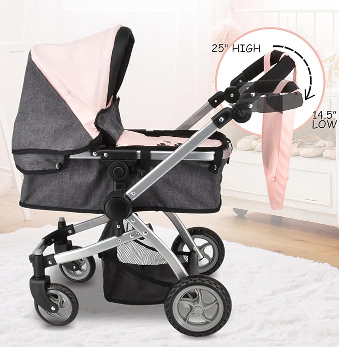 Dolls To Play Baby Doll Convertible Pram Stroller for Kids, Adjustable Handle Foldable Buggy Carriage with Canopy and Storage Basket Heavy Duty Premium Quality Rotating Wheels - 25 Inch