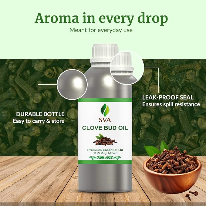 SVA Clove Bud Essential Oil - 32 Fl Oz - for Face, Skin Care, Hair Care, Scalp Massage & Body Massage