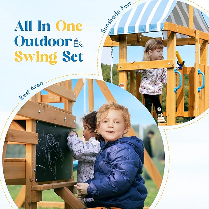 ROBUD Swing Sets for Backyard, Wooden Swing Set, All-in-One Kids Outdoor Play Equipment with Two Swings, Slide, Rock Climbing Wall, Blackboard, Telescope, Fort, Outdoor Playset for Kids & Toddlers