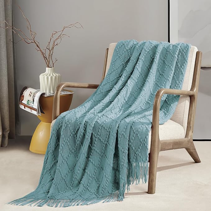 BOURINA Blue Throw Blanket 50 x70 Inch Jacquard Throw Knitted Blanket | Jacquard Argyle Throw Textured Solid Soft Throws and Blankets for Sofa or Bed Knitted Decorative Blanket
