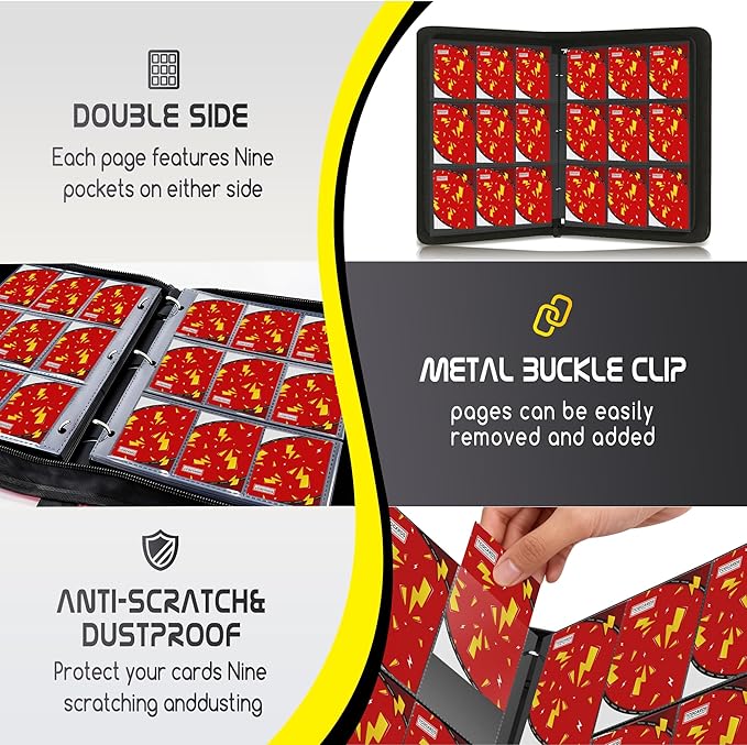 Trading Card Binder 9 Pocket,900 Pocket Card Collection Binder with 50 Removable Sleeves,PU Waterproof Top Card Book,3-Ring Zipper Collectible Trading Card Album for MTG/TCG/Card Holder Gift（Red）