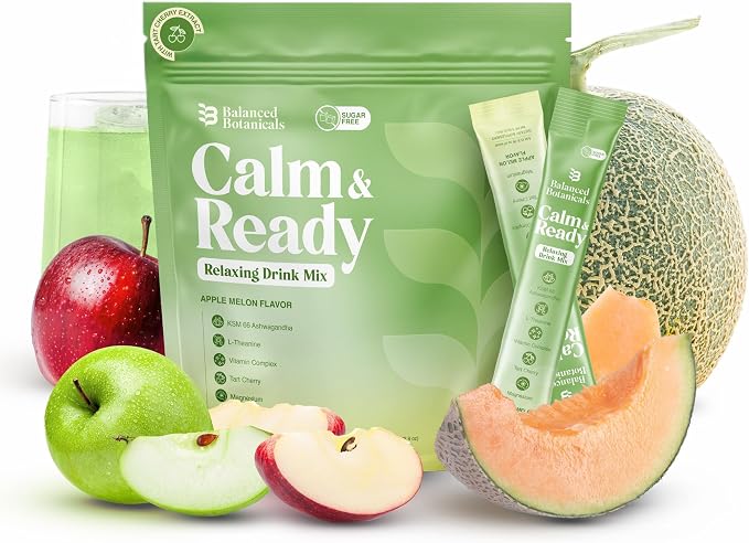 Calm and Ready Powder Mix, Cortisol Reducer*, Sleep & Relaxation Aid, Magnesium Glycinate, Ashwagandha KSM-66, L-Theanine, Tart Cherry, Sugar Free, 20 Packets, Apple Melon