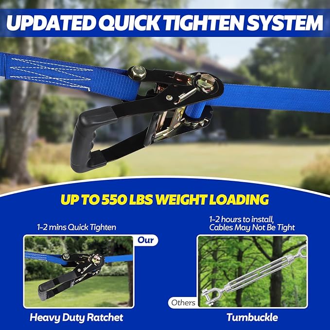 FAHKNS Zip Line Kit for Kids Adults: 160FT Up to 400 lbs - Updated Removable Design Trolley,Thickened Seat,Safety Harness,Quick Tighten Zipline Kits for Outdoor Backyard