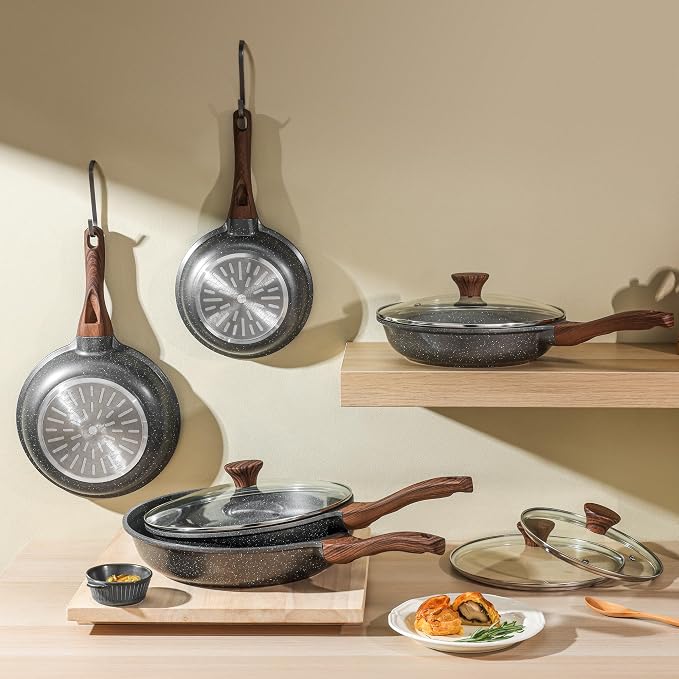 SENSARTE Nonstick Frying Pans, Grey(8+10 Inch) | Swiss Granite Coating, Free of PFOA&PFOS, Compatible with All Stoves Including Induction Cooktops, Easy to Clean