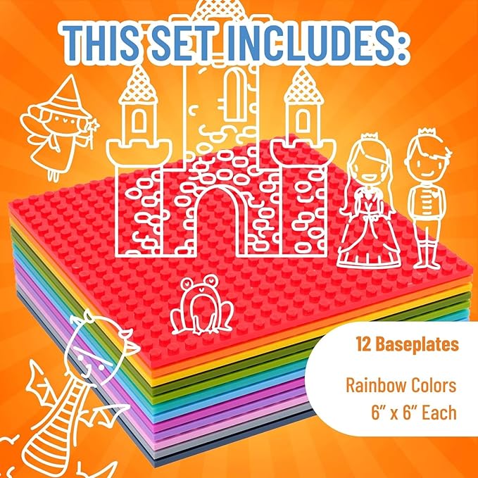 Strictly Briks Brick Base Plates - Compatible with Lego & All Major Brands - 6x6 in, 12-Pack Rainbow Colors - Stackable Rainbow Building Blocks Baseplates with 20x20 Studs