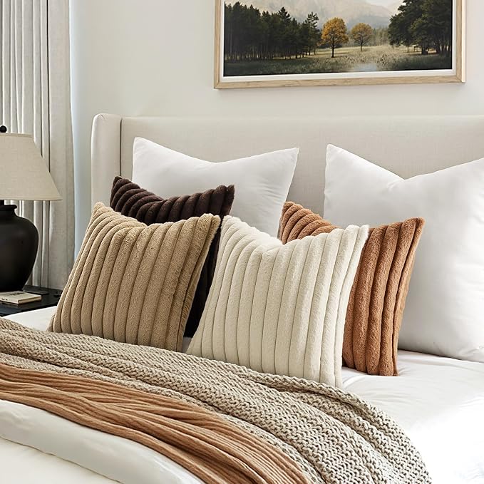 MIULEE Faux Fur Plush Decorative Throw Pillow Covers 18x18, Brown | Set of 4, Fall, Striped, Soft Boho Farmhouse Rustic Home Decor, Cushion Cases for Sofa Couch Bed Living Room