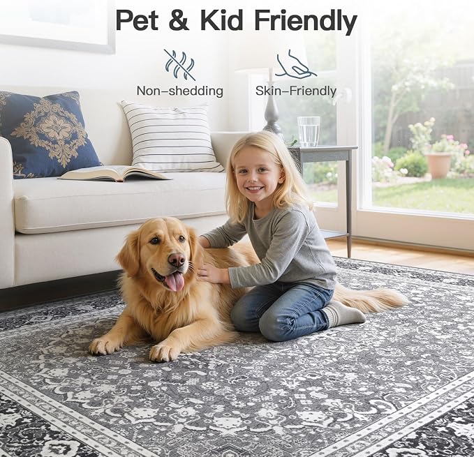 8x10 Area Rugs for Living Room, Washable Non-Slip Rug, Oriental Light Grey | Area Rugs for Bedroom, Low Pile Large Area Rug for Kitchen, Dining Room, Home Office, Vintage Oriental Print Rug