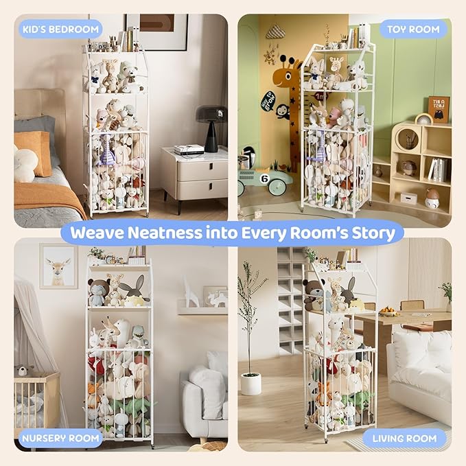 Stuffed Animal Storage Zoo 3 Tier - Large Stuffed Animals Holder Wood and Metal Plush Toy Storage with Brake Wheels Space Saver for Kids Playroom Bedroom Nursery(57.9”H)