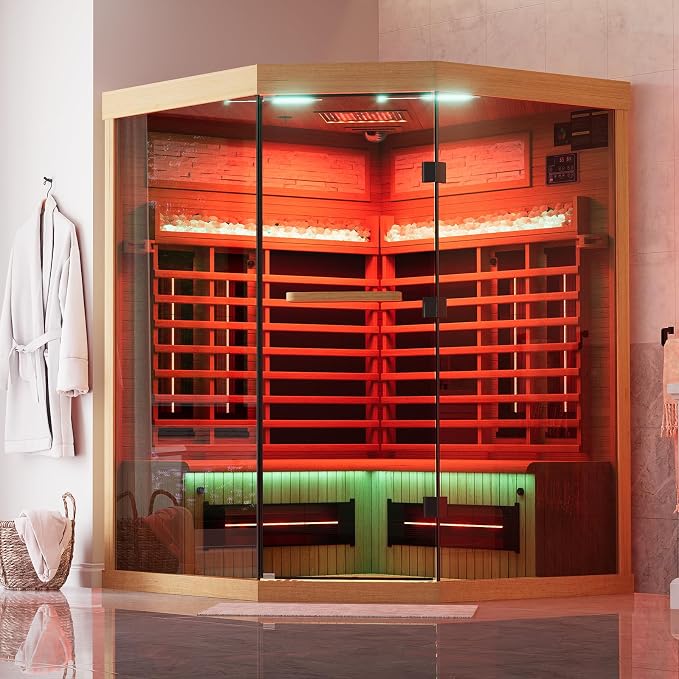MEISSALIVVE Full Spectrum Infrared Sauna，4 Person Home Sauna，Wooden Canadian Hemlock Luxury Indoor Spa Sauna with Resonance Speaker, Panoramic Tempered Glass Door