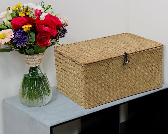 Seagrass Wicker Storage Basket with Lid, X-Large, Natural | Extra Large Box, Shelf Organizer, Rectangular Woven Bin, Multipurpose Home Storage, Natural Decor, 14.3 x 9.4 x 6.9