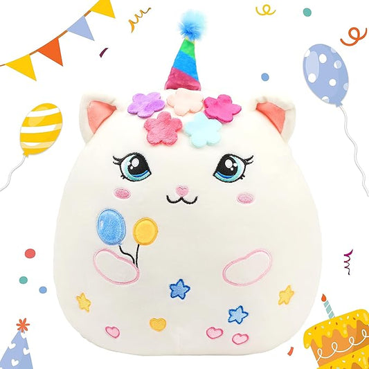 Easfan 12'' Birthday Princess Kitty Plush Pillow Soft Kitty Plush Toy Cute Cat Stuffed Animal Home Room Decoration Birthday Gifts for Kids Toddlers, White