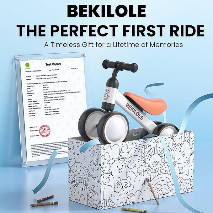 BEKILOLE Baby Balance Bike with Light Up Wheels | Toys for 1 Year Old Boy | 1st Birthday Gift for One Year Old Boy & Girl | 10-36 Month Toddler Bike - White & Brown