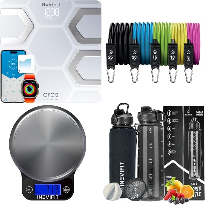 INEVIFIT Ultimate Wellness Bundle, Eros Smart Body Fat Scale, Kitchen Scale, Water Bottle & Resistance Band Set for Complete Health Tracking