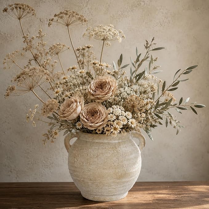 Briful Rustic Farmhouse Vase with Handles, 7.4" Ceramic Vases for Tabletop | Beige Pottery Distressed Antique Earthenware for Modern Farmhouse, Kitchen Counter Shelves Coffee Entryway Centerpiece