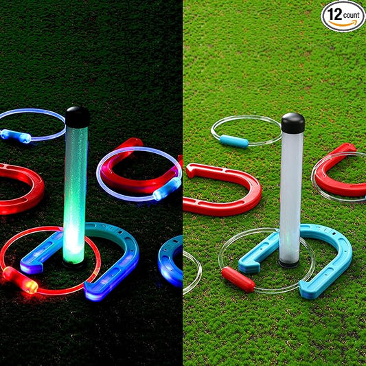 Blueweenly LED Ring Toss Game for Adults and Family, 12 Pcs, Red, Blue, Green LED Horseshoes and Hoop Rings, Outdoor Yard Games