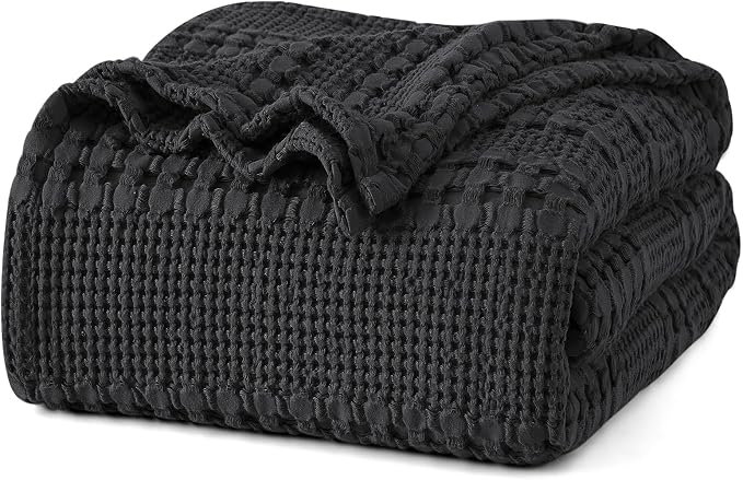 PHF 100% Cotton Waffle Weave Blanket Queen Size, Lightweight Breathable Summer Blanket for Hot Sleepers, Pre-Washed Soft Layer for Bed, Couch, Aesthetic Home Decor & Gift, 90"x90", Black
