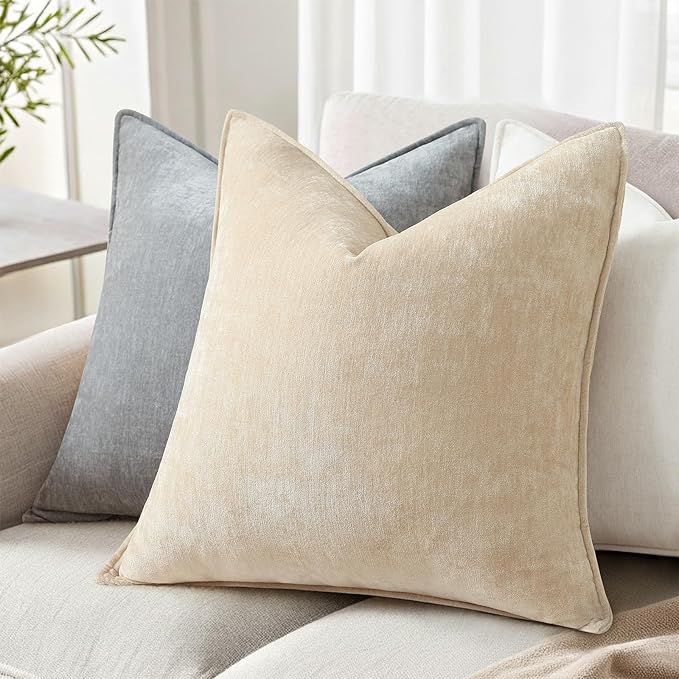 decorUhome Chenille Beige Velvet Throw Pillow Covers 22x22 Set of 2 | Fall Soft Euro Sham Couch Decorative Modern Farmhouse Pillow Cases with Elegant Design for Sofa Bed Living Room Home Decor