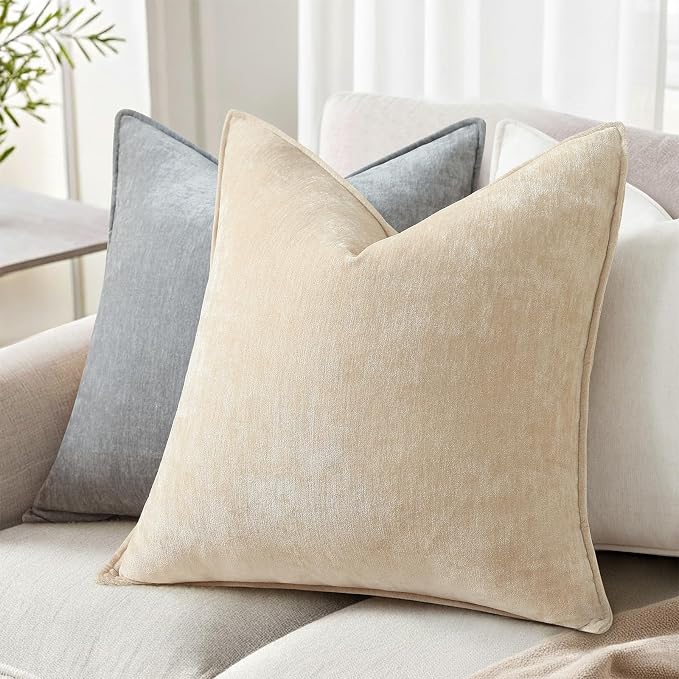 decorUhome Chenille Beige Velvet Throw Pillow Covers 20x20 Set of 2 | Fall Soft Couch Decorative Modern Farmhouse Pillow Cases with Elegant Design for Sofa Bed Living Room Home Decor