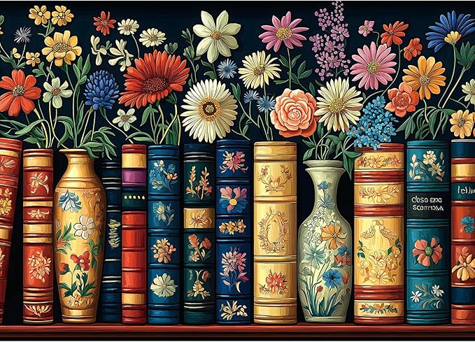 Wildflowers Books 1000 Piece Jigsaw Puzzle for Adults, Vintage Flower Book Puzzle, Floral Art Bookshelf Library Puzzles, Challenging Hard Difficult Puzzles for Adults 27.5x19.7 Inches