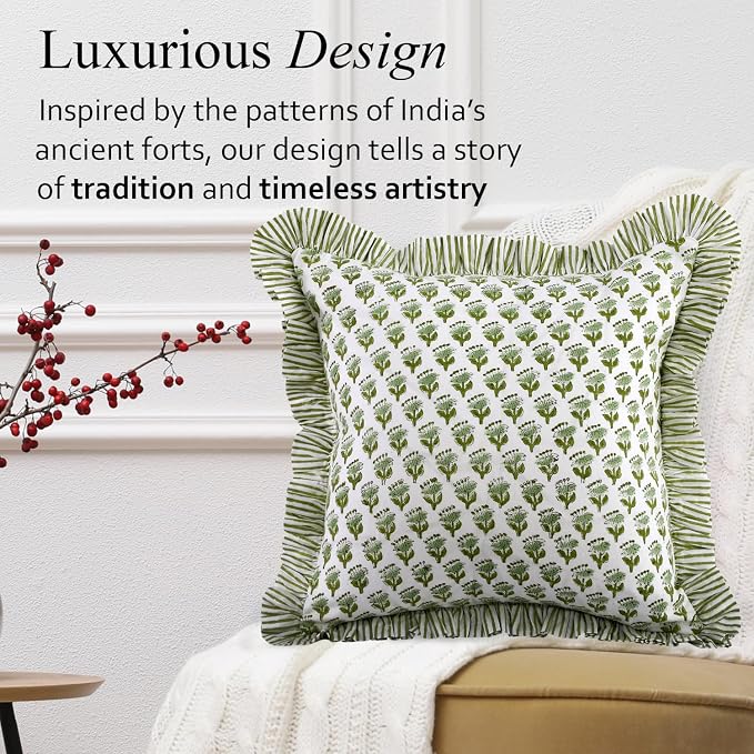 CPC Block Print Ruffle Throw Cover Emerald Green 18"x18" Inch Pack of 2-100% Cotton Ruffle Couch Decorative Boho Pillows Case for Living Room, Bedroom, Sofa, Farmhouse Gift for Spring, Mother's Day