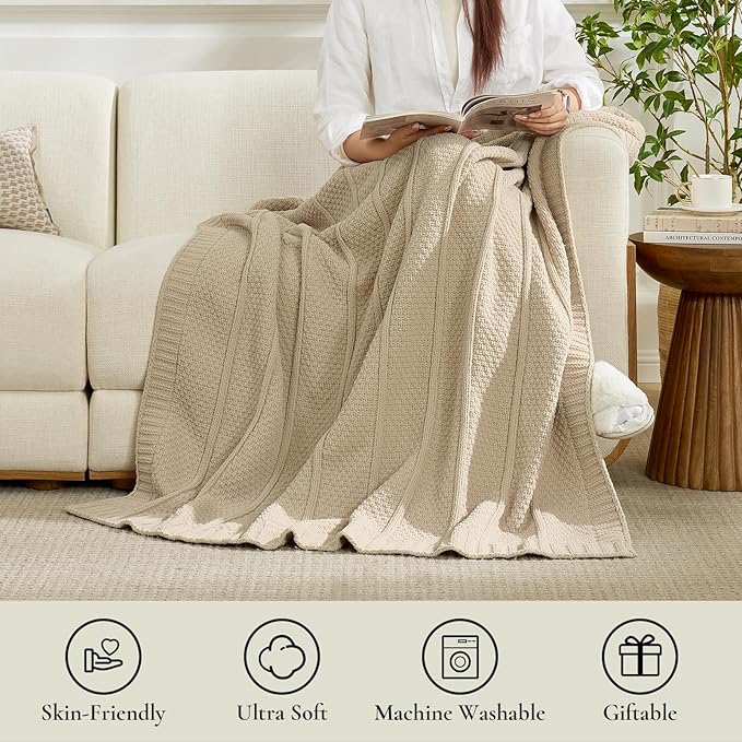 Amélie Home Premium Chenille Throw Blanket, Soft Cozy Moss Stitch Knit Blanket for Couch, Sofa, Chair, Home Decor, Beige 50"x60"