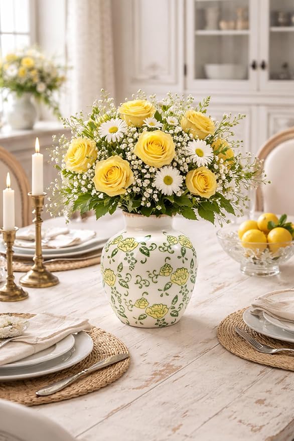 SIDUCAL Ceramic Vintage Vase, 5.83 Inch Yellow Rose Chinoiserie Floral Vase, Rustic Farmhouse Vases for Bouquet, Home Decor, Living Room, Bookshelf, Garden, Tuscan Decor
