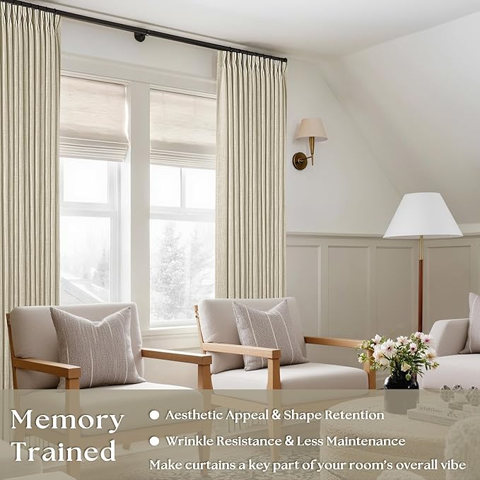 TWODRAPES Neutral Linen Pinch Pleated Curtains Long 2 Panels Living Room Bedroom Memory Training Shaped Semi Sheer Beige Oatmeal Pleat Drapes with Hooks Rings Light Filtering Window Curtain 40x84