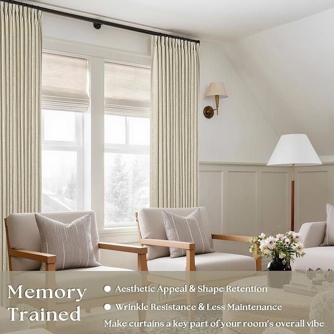 86 Inch Linen Neutral Curtains 2 Panels Set Pinch Pleated for Living Room Bedroom Memory Training Shaped Semi Sheer Neutral Beige Flax Burlap Pleat Drapes Hooks Rings Light Filtering Window Curtain