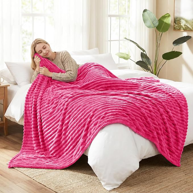 HIMEET Hot Pink Twin Blanket for Bed, 300GSM Ribbed Fleece, 60 x 80 Inches | Ultra Soft Flannel, All-Season Lightweight Warmth, Bed Layering Pick & Dorm Essential, Gift for Men & Women, Machine Washable