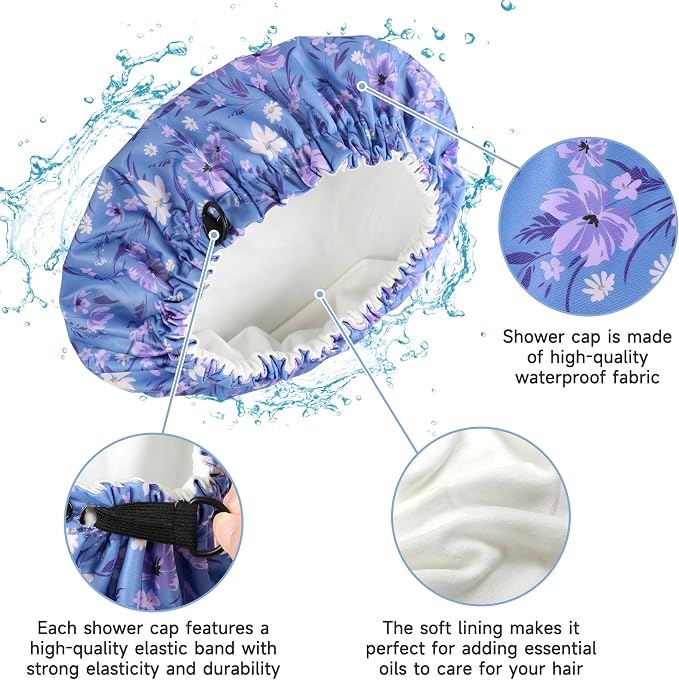 Reusable Castor Oil Hair Cap for Women, Suitable for Treating Dry, Damaged Hair, Overnight Organic Cotton Hair Cap (Oil Not Included), Purple Flowers, M
