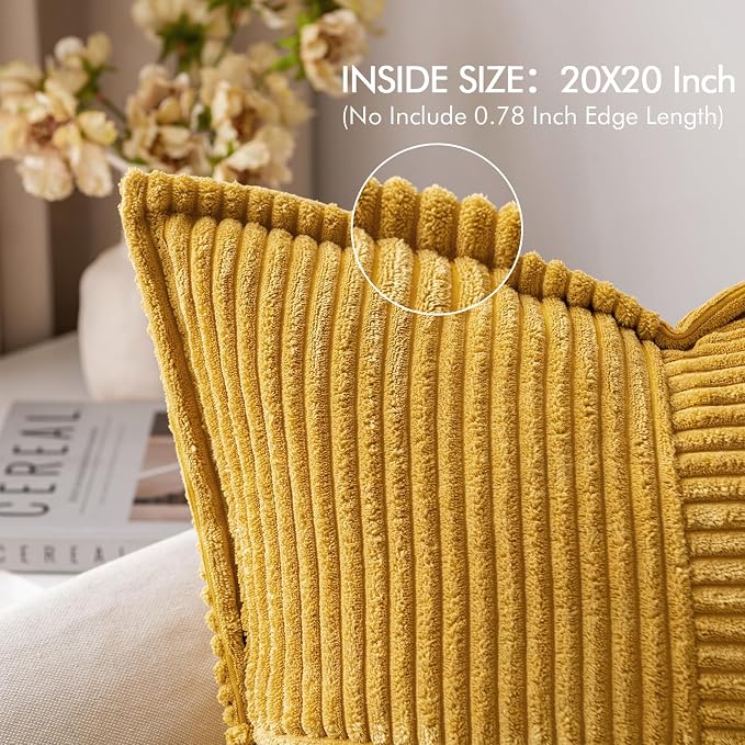 MIULEE Decorative Throw Pillow Covers for Couch 20x20 Inch Mustard Yellow | Boho Broadside Striped Patchwork Pillow Covers, Soft Corduroy Cushion Cases, For Sofa Bed Livingroom Home Decor